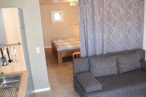 A compact living space with a kitchenette, a sofa, and a bed.