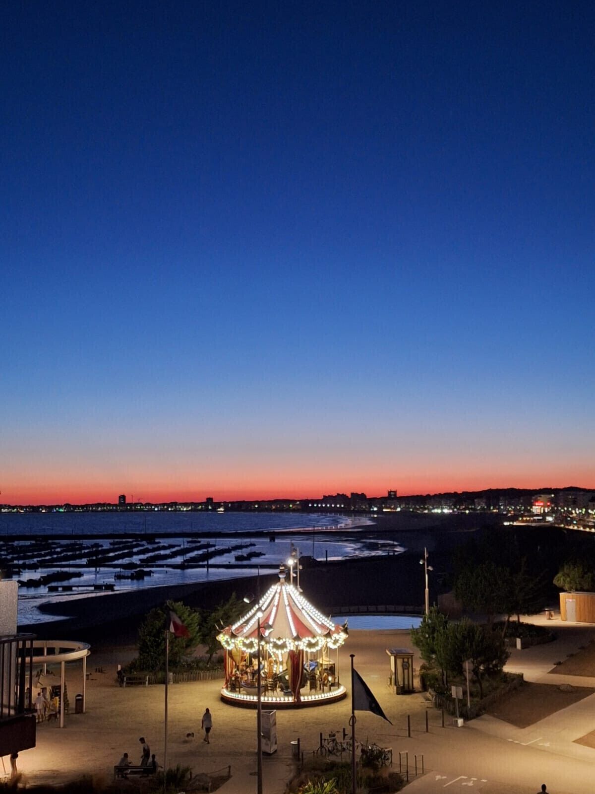 A carousel in a public square with a waterfront view.