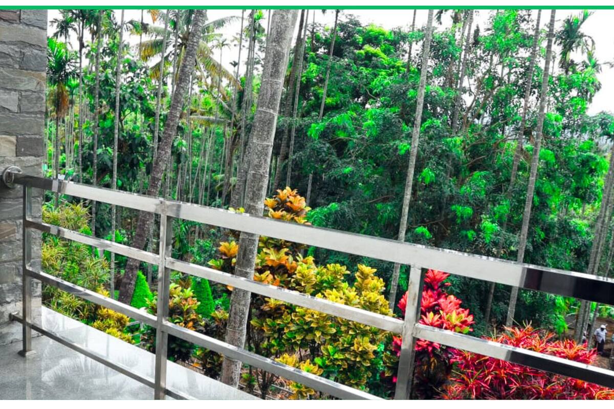 A balcony with a stone wall and metal railing, overlooking a lush garden with various plants and trees.