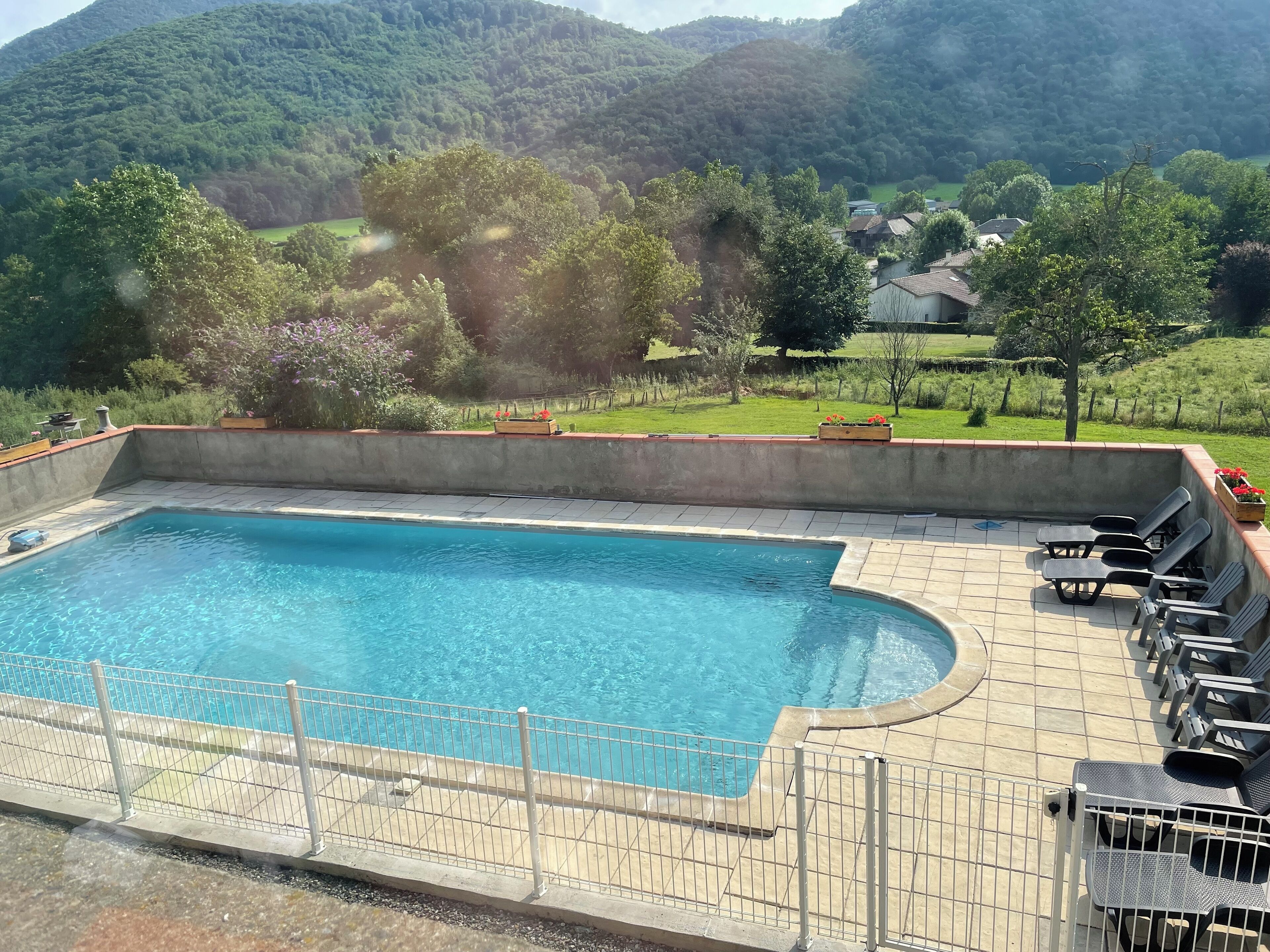 Ein rechteckiger Swimmingpool mit gefliestem Deck und einer Umzäunung aus Metall.