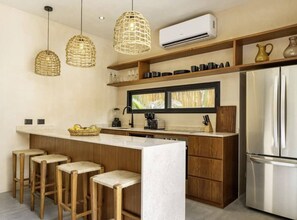 Fridge, microwave, coffee/tea maker, electric kettle