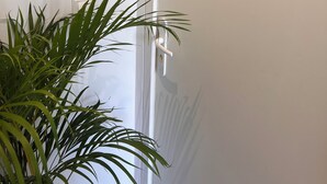 Une porte avec un distributeur fixé au mur, une pancarte encadrée sur laquelle on peut lire « LE COCON », et une plante en pot.