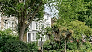 Un jardín exuberante con un banco, un árbol grande y un edificio blanco con contraventanas al fondo.
