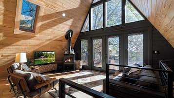 TV, fireplace, books, offices