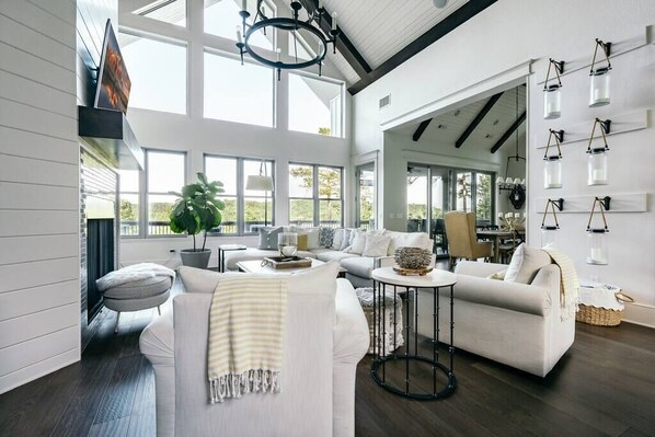 TV, fireplace, books, offices