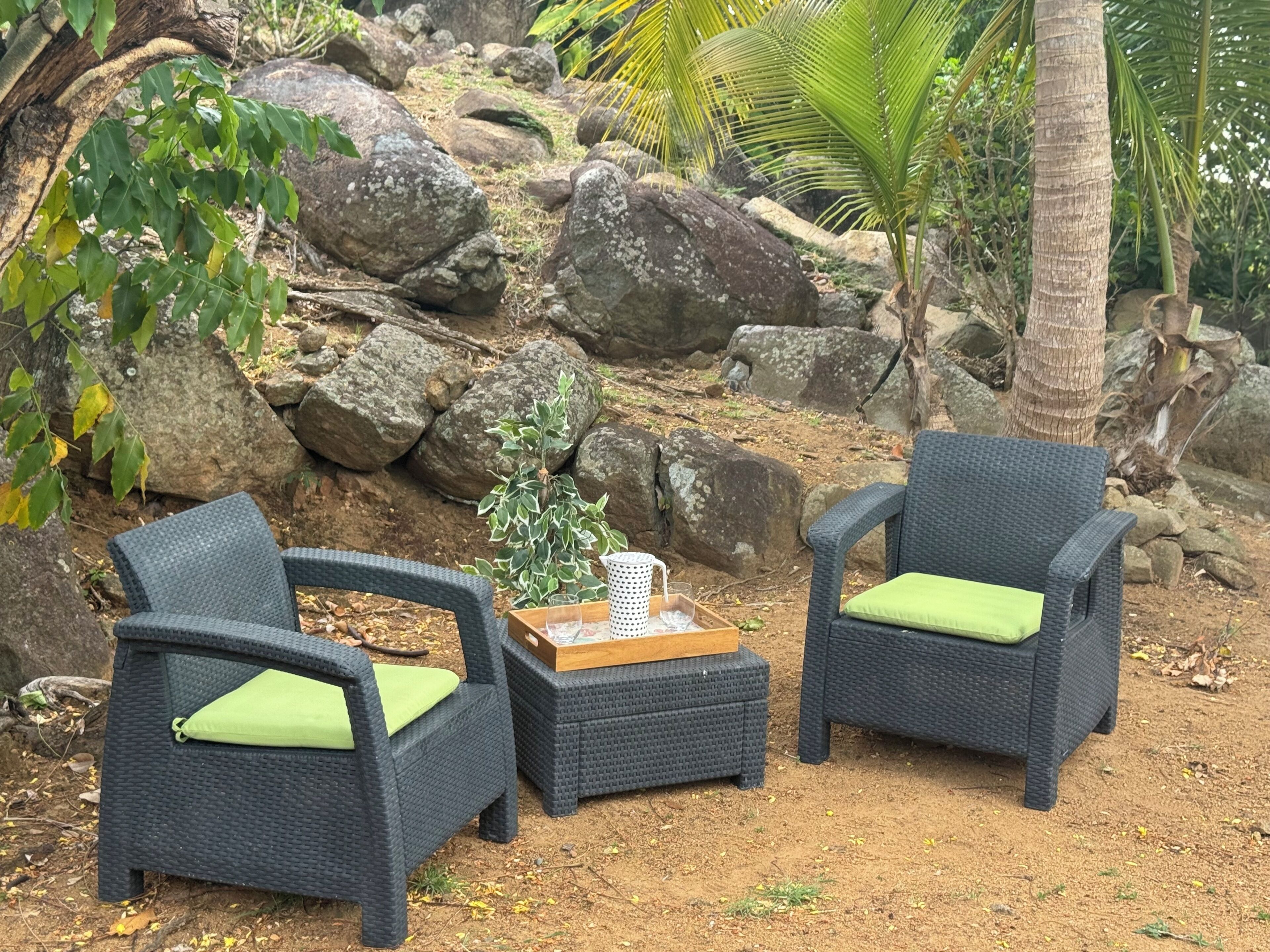 Two wicker chairs with green cushions, a small wooden table, and a decorative item.