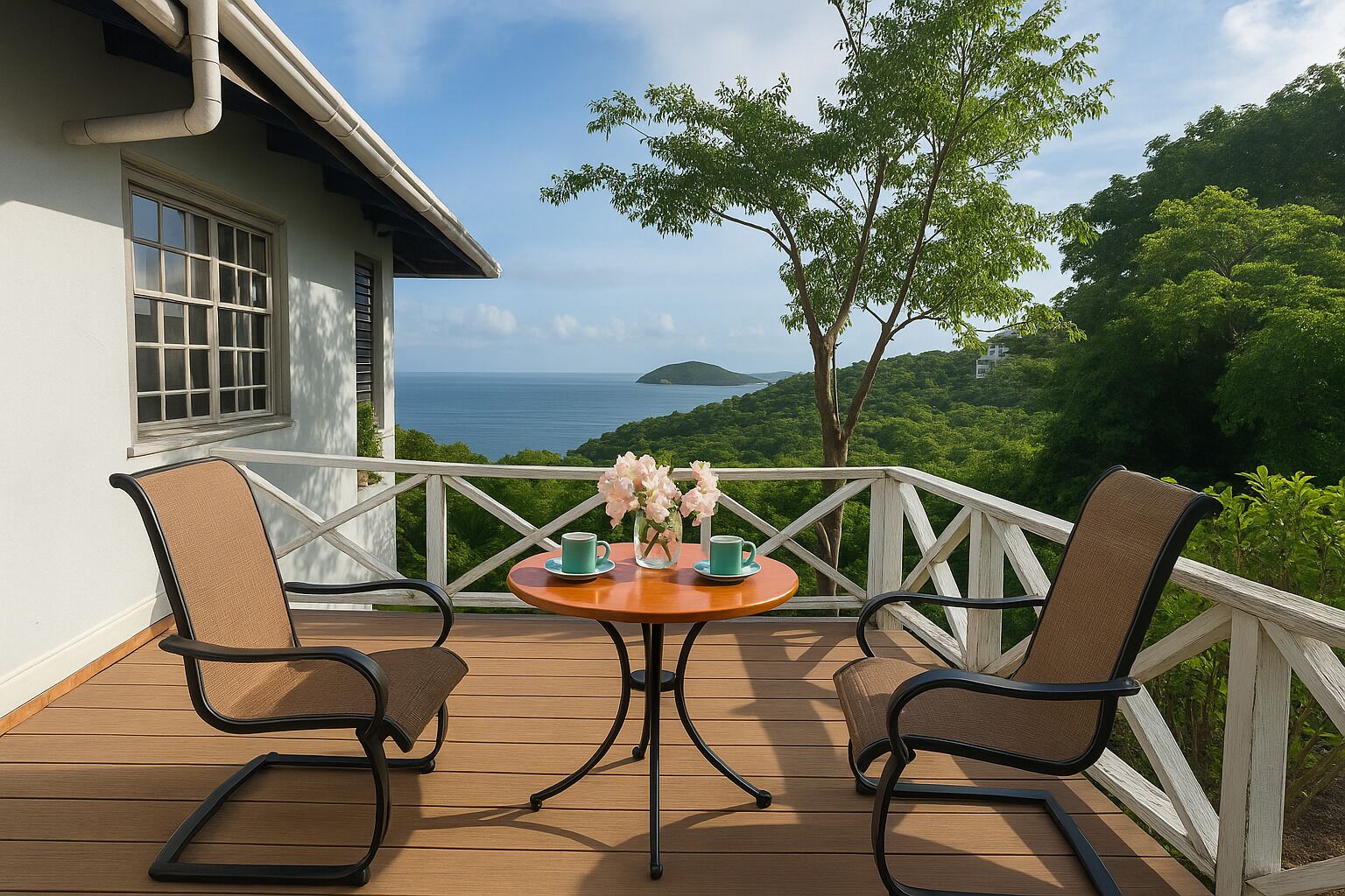 A wooden deck with two chairs and a table, overlooking a lush landscape and the sea.