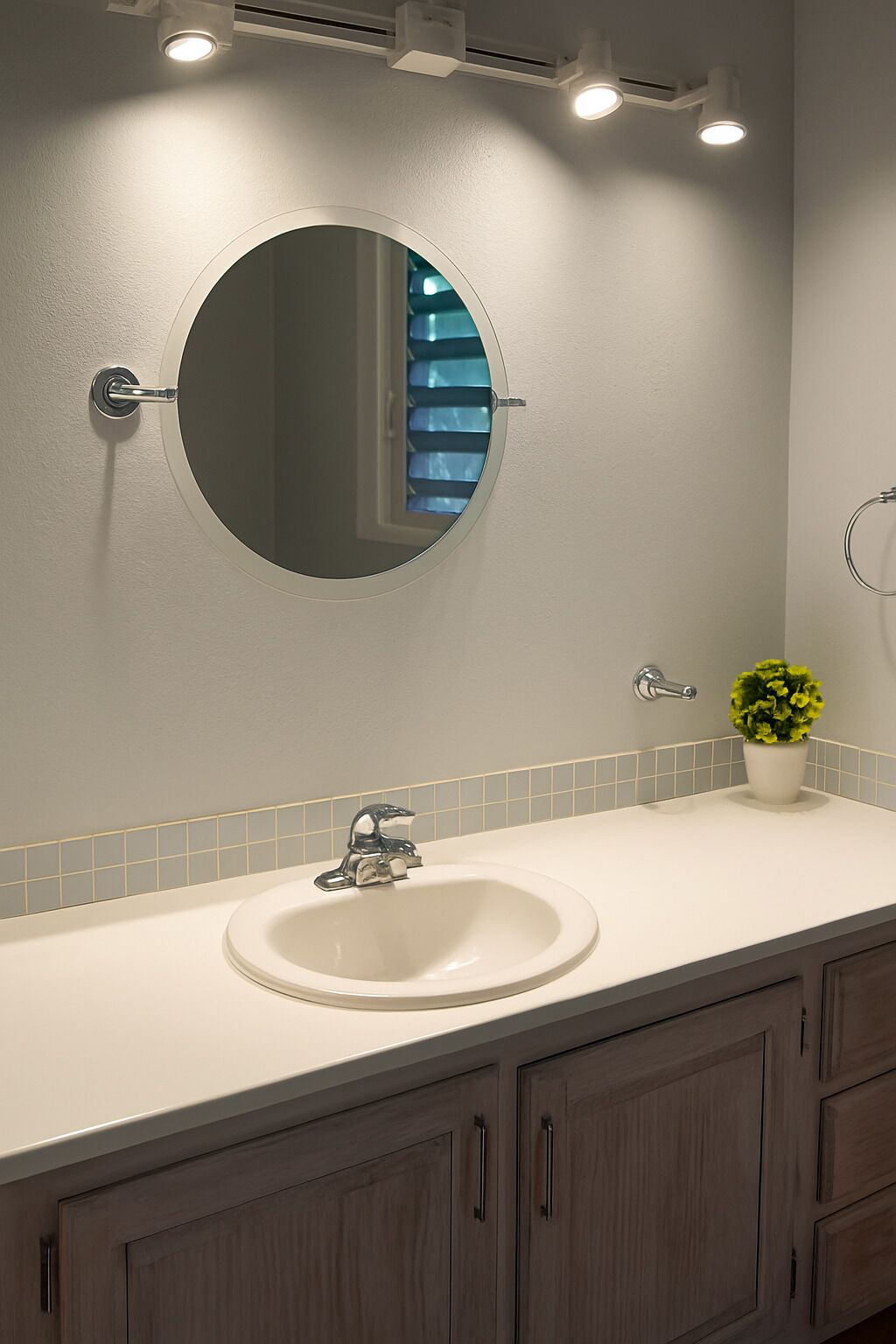 A bathroom with a round mirror, a sink, and a potted plant.