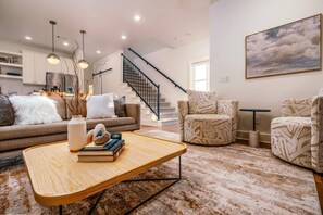 TV, fireplace, books, offices
