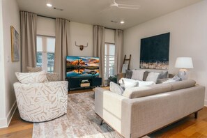 TV, fireplace, books, offices