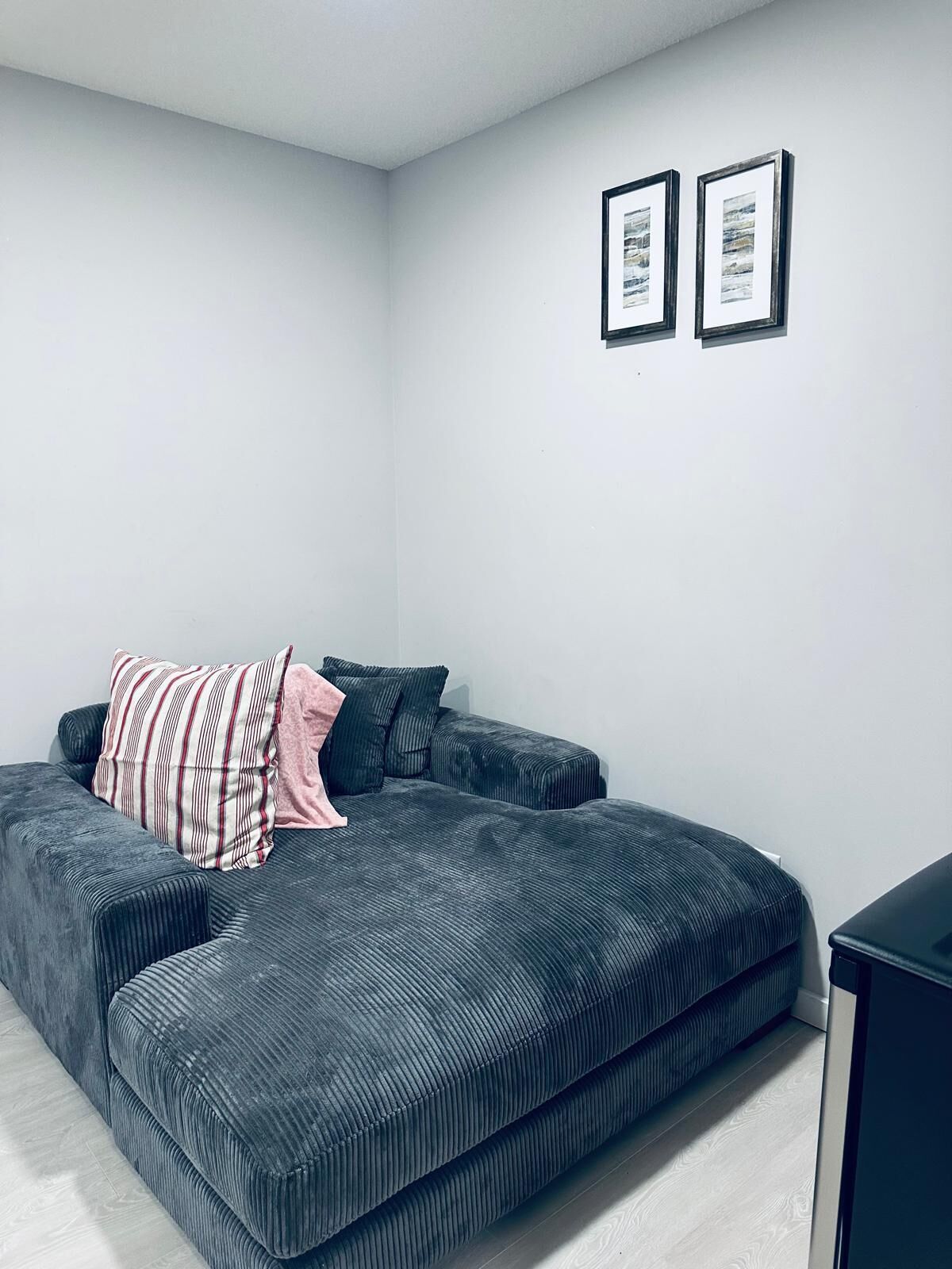 Ein modernes, minimalistisches Schlafzimmer mit einem dunkelgrauen Schlafsofa, einem Streifen-Kissen und einer rosafarbenen Tagesdecke. Zwei gerahmte Bilder hängen an der Wand.