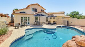 A house with a swimming pool, patio furniture, and a barbecue area. - Swim w/ a View: Scenic Desert Retreat in Glendale (Glendale)