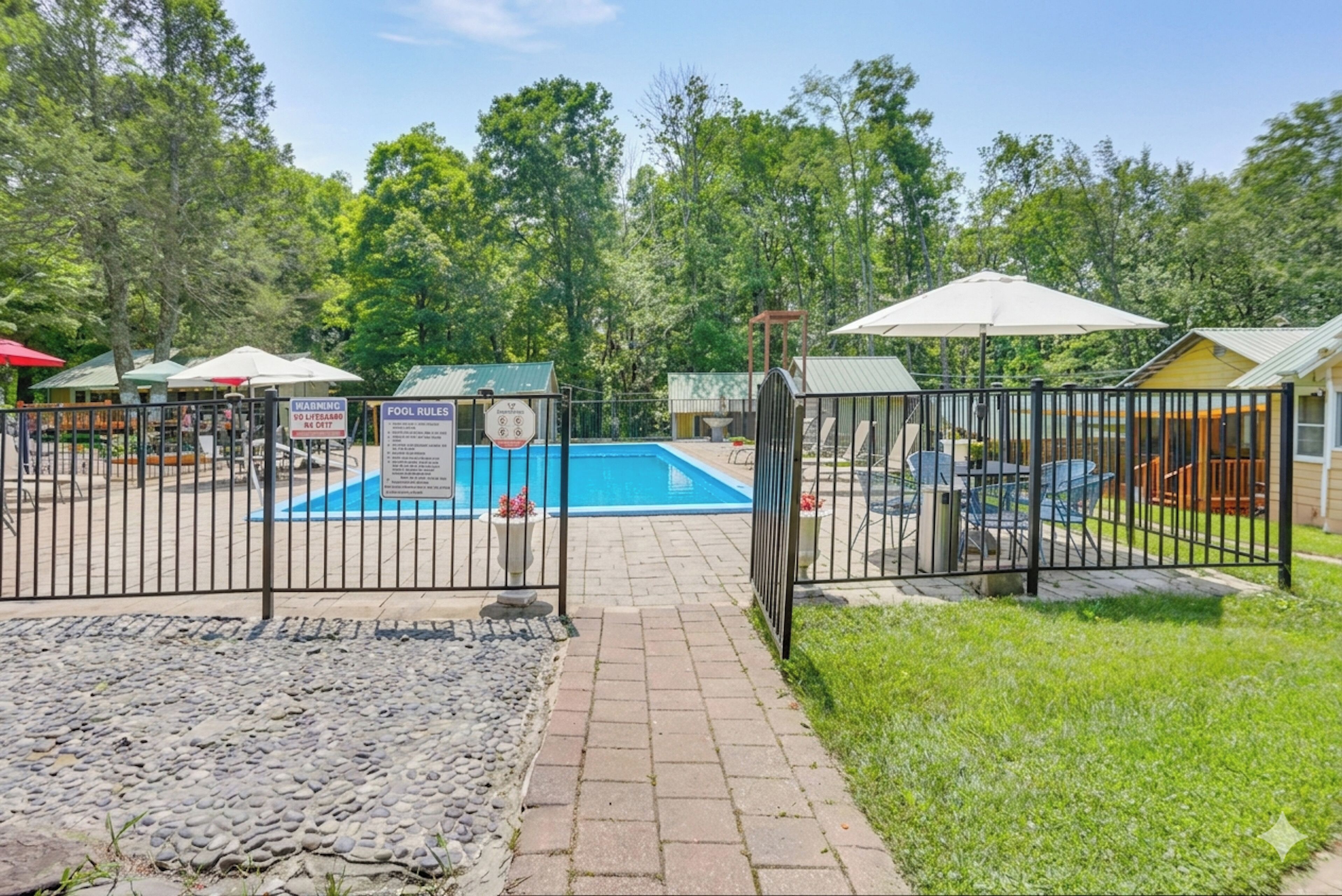 Zona de piscina cercada con un cartel, un camino de ladrillo y una zona ajardinada con mobiliario exterior.