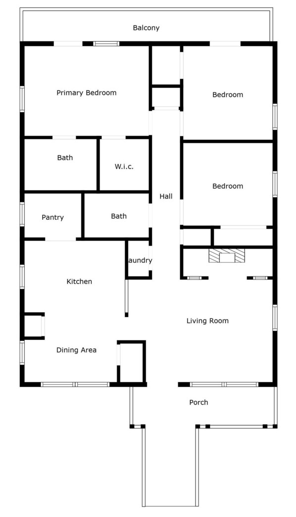 A floor plan with a balcony, primary bedroom, secondary bedroom, bathroom, kitchen, dining area, living room, and a hall.