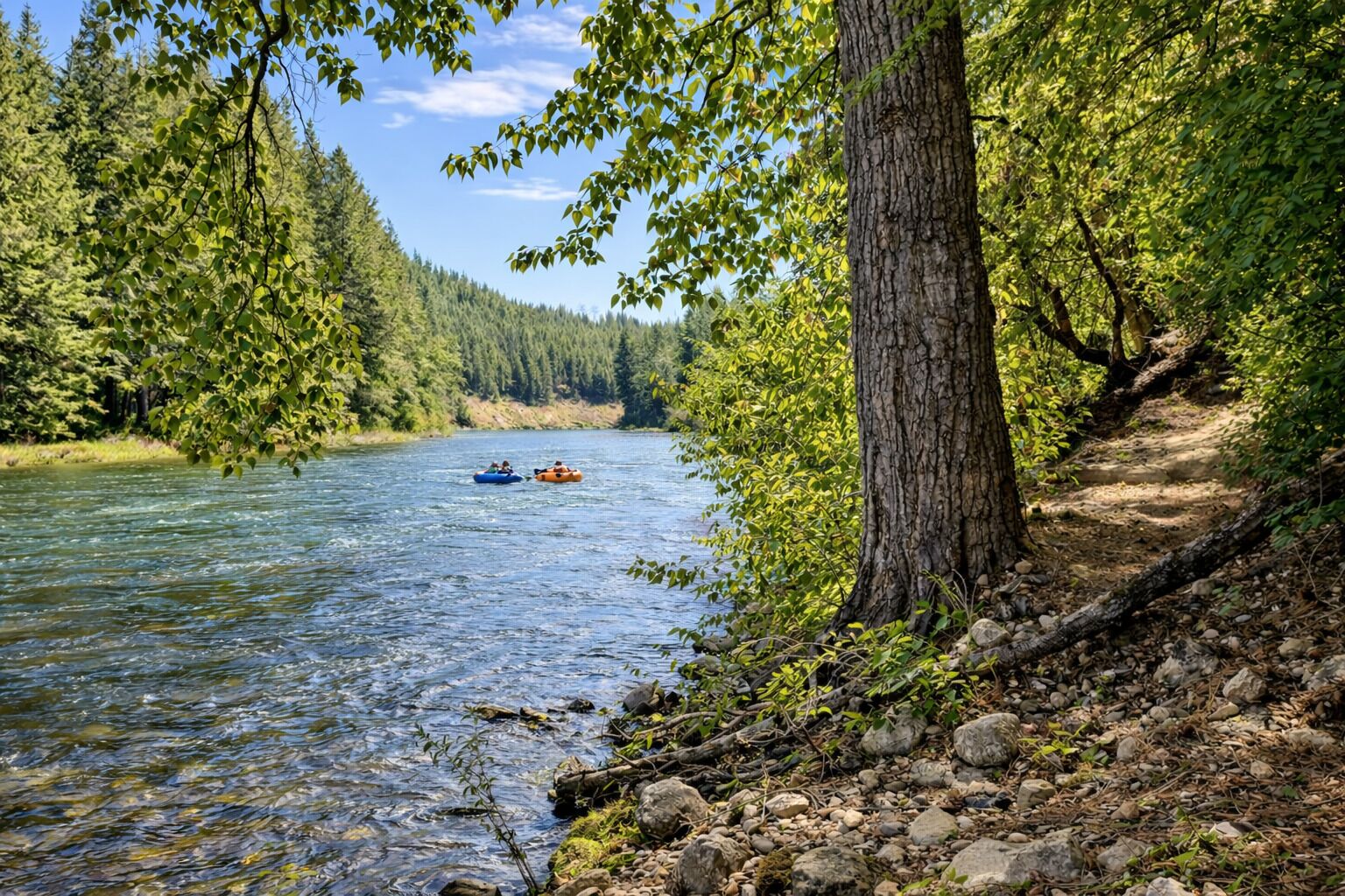 A river with boats, surrounded by dense forest and a clear sky.