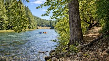 A river with boats, surrounded by dense forest and a clear sky.