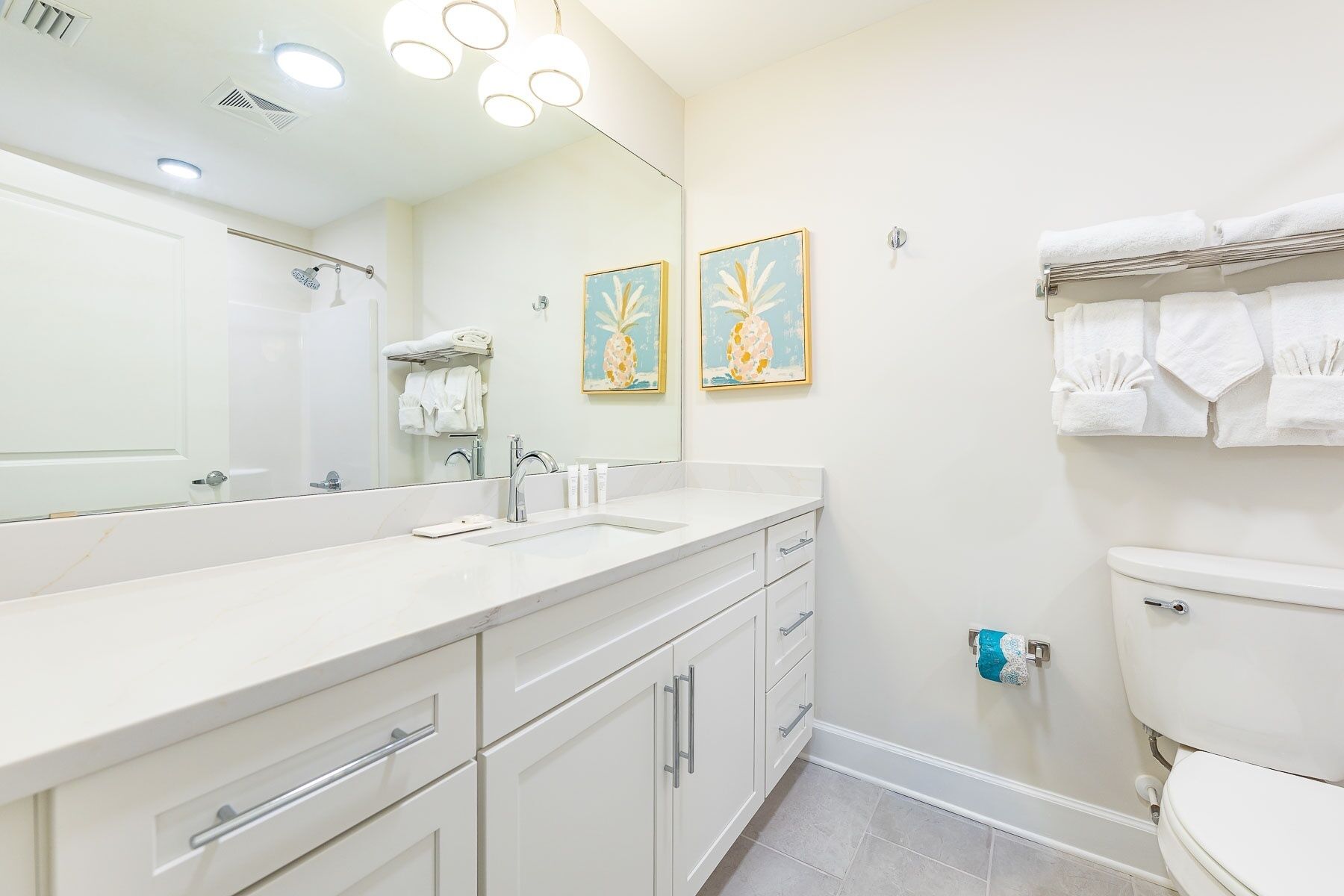 Een moderne badkamer met een witte wastafel, een grote spiegel en twee kunstwerken in lijsten aan de muur.