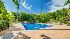 Una piscina rectangular con agua azul cristalina, rodeada por una solana de hormigón. Hay varias tumbonas y una zona de estar pequeña y cubierta. La piscina está delimitada por una valla metálica, y la zona está cubierta de vegetación tropical, incluyendo palmeras y diversas plantas verdes.