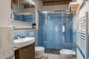 Regadera, secadora de cabello, toallas, papel de baño 