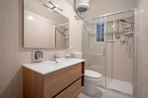 Shower, hair dryer, bidet, towels