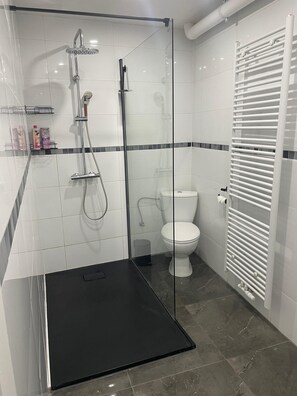 Shower, hair dryer, towels, soap