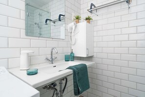 Standard Apartment | Bathroom | Shower, hair dryer, slippers, towels - ASTORIA Loft Elite Apartment free parking,AC,Elevator (Budapest)