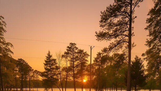 A wooden deck leading to a stone pathway with a view of a lake and sunset.