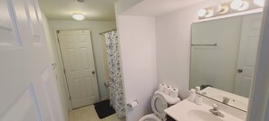 Hair dryer, towels, soap, toilet paper