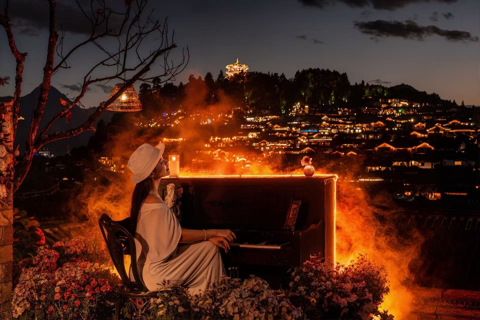 A person sitting at a piano with a cityscape in the background.