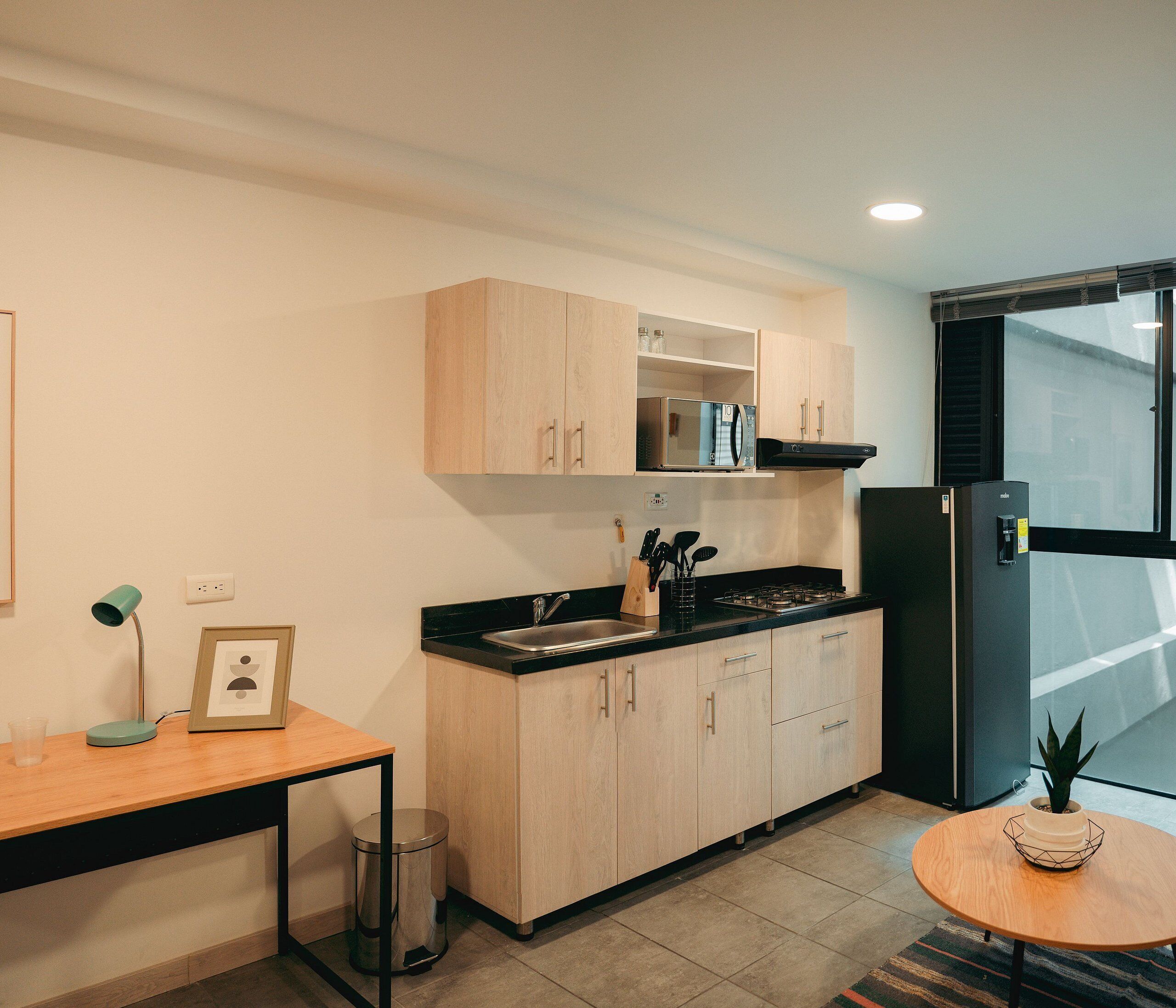 Fridge, microwave, dishwasher, coffee/tea maker