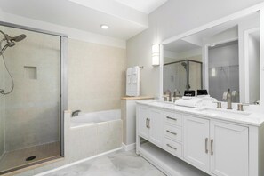 Hair dryer, towels, soap, shampoo