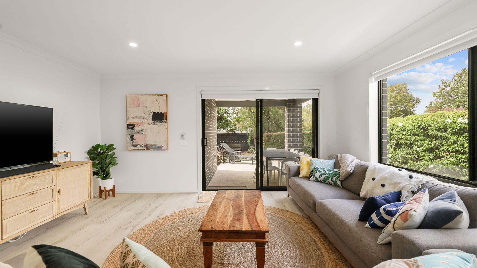 Télévision, cheminée, lecteur de DVD, livres