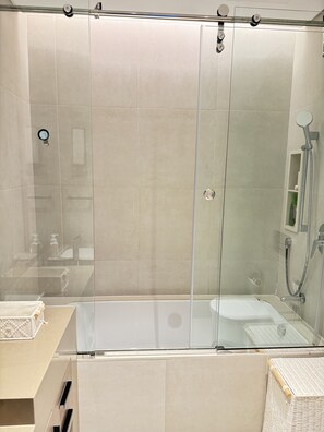 Hair dryer, towels, soap, shampoo