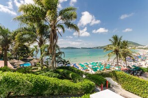 On the beach, sun-loungers