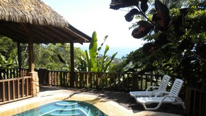 A pool with a thatched roof structure, surrounded by lush greenery and a view of the ocean. - Ocean & Forest Views, Wildlife, Pool, Beach, Family & Friends, A/C....5 Star! (Uvita)