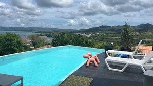 Una piscina con vistas a un lago y montañas. Hay sillas de descanso y una planta en maceta.