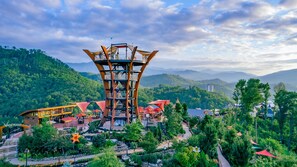 Une structure en bois à plusieurs niveaux, en forme de tour, dotée d’une plateforme d’observation, entourée d’une végétation luxuriante et avec une chaîne de montagnes en arrière-plan.