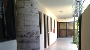 A corridor with a large tree trunk, tiled flooring, and doors leading to rooms. - Hotel Catedral (Torreón)