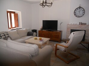 Televisión, chimenea, reproductor de DVD, libros