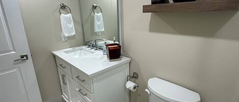 Une salle de bain avec des toilettes blanches, un lavabo surmonté d’un miroir, un tapis blanc et une étagère avec une plante et une bouteille.