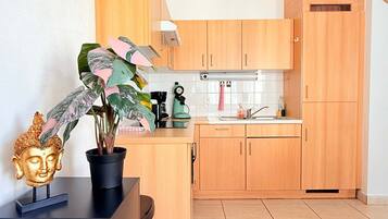 Een kleine keuken met houten kastjes, een spoelbak en een aanrecht.