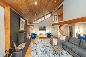 Smart TV, fireplace, books