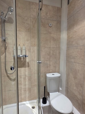 A bathroom with a glass-enclosed shower, a toilet, and a bidet.