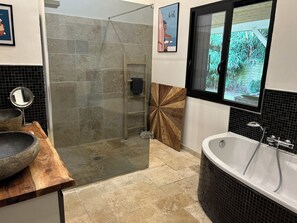 Hair dryer, towels, soap, toilet paper