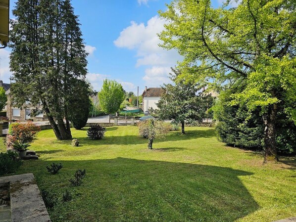 Ein gepflegter Garten mit verschiedenen Bäumen und Sträuchern, einer Rasenfläche und einem Weg.