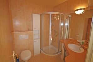 Shower, hair dryer, towels, toilet paper