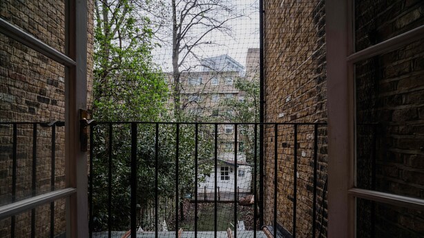 Vista a través de una ventana con barrotes, un muro de ladrillo y un árbol al fondo.
