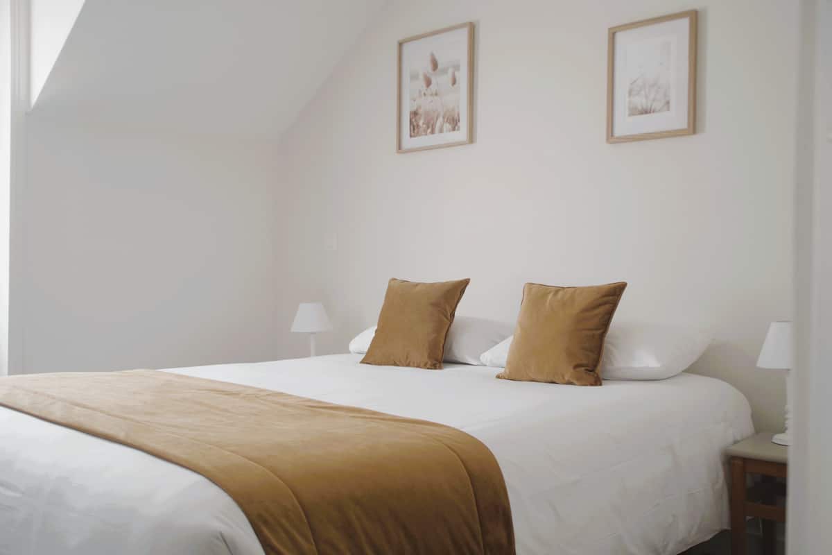 A neatly made bed with a brown throw blanket and two pillows, a bedside table with a lamp, and two framed pictures on the wall.