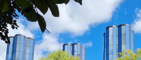 Un edificio moderno con ventanas de vidrio reflectante, un estanque con follaje y un cielo azul despejado.