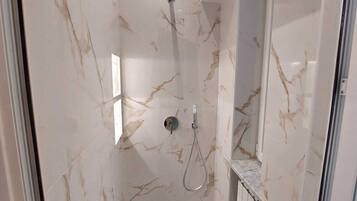 Shower, hair dryer, bidet, towels